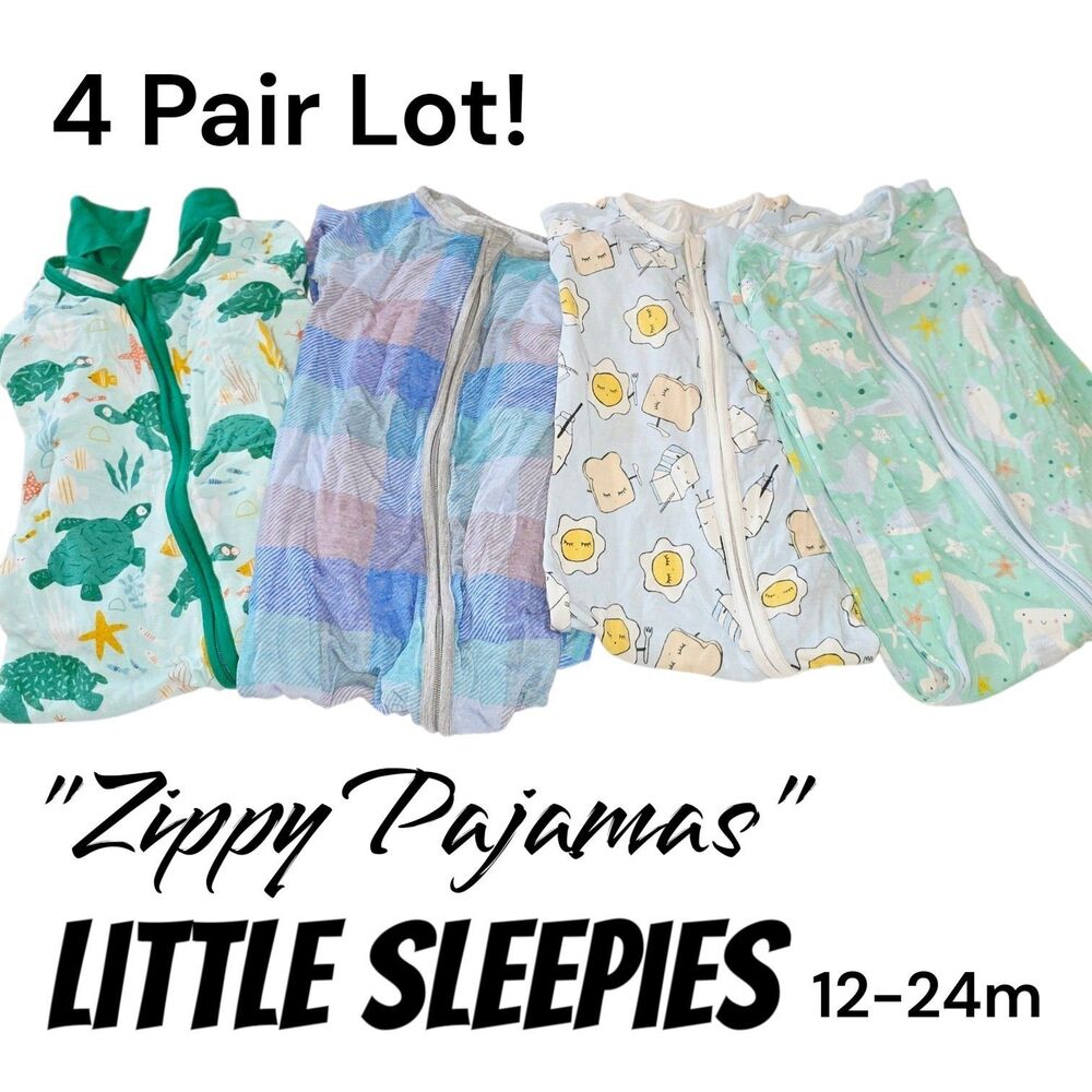 Little Sleepies 4Pr Lot 12-24M Bamboo Zippy PJ's Sharks Eggs Toast Turtles Plaid